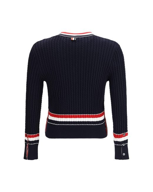 Thom Browne Blue Intarsia Cable-Knit V-Neck Sweater Cotton for men