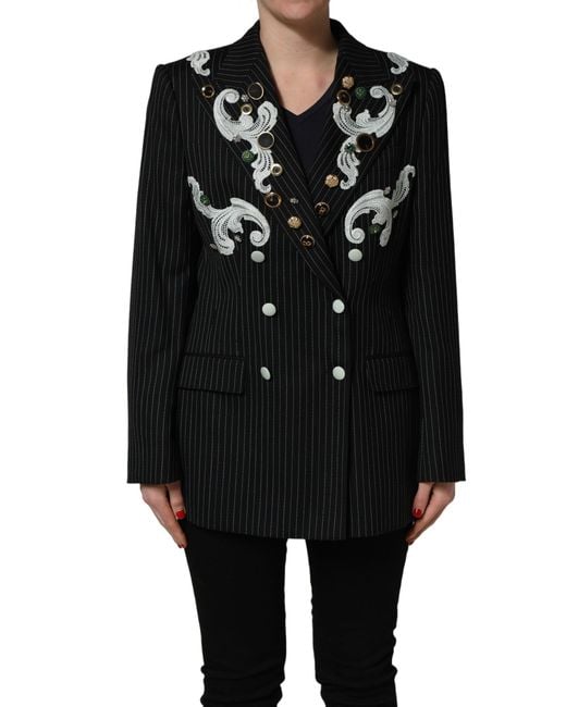 Dolce & Gabbana Black Stripe Double-Breasted Blazer Jacket Elastane Virgin Wool Clothing