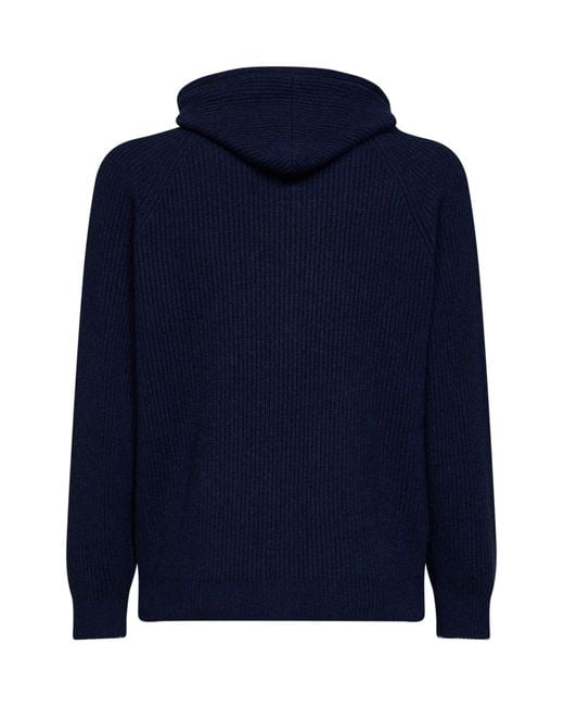 Brunello Cucinelli Blue Cashmere Knit Zip-Up Hoodie for men