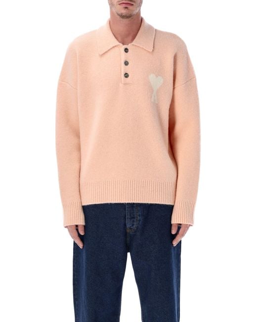 AMI Blue Wool Polo Sweater With De Coeur Logo for men