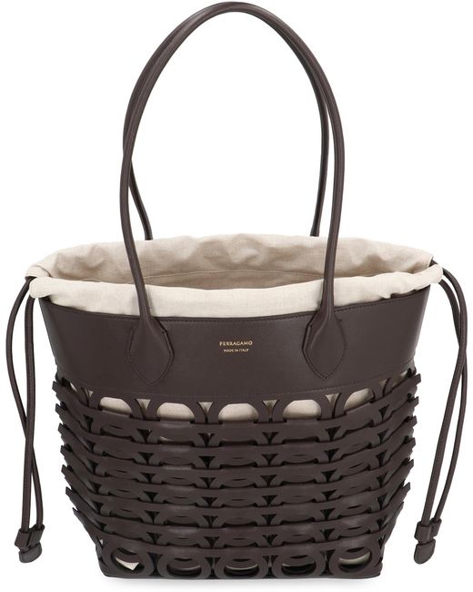 Ferragamo Black Tote Bag Gancini M Calf Leather; Lining: Linen