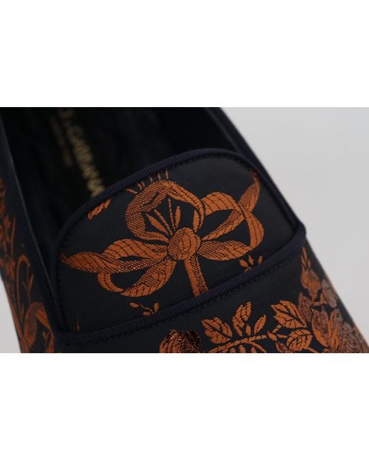 Dolce & Gabbana Black Rust Floral Slippers Loafers Shoes Cotton for men