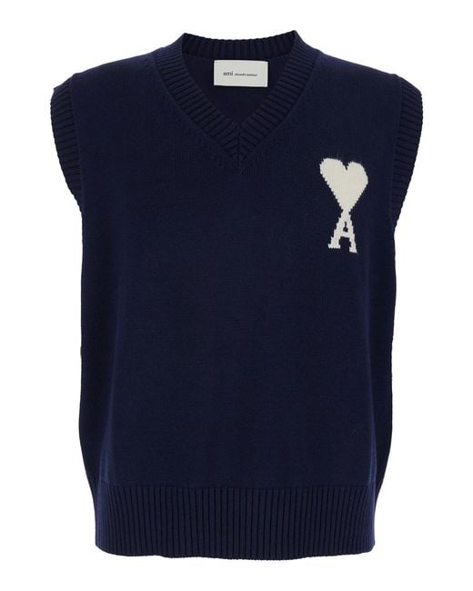 AMI Blue Vest With V-Neck And Logo On The Front for men