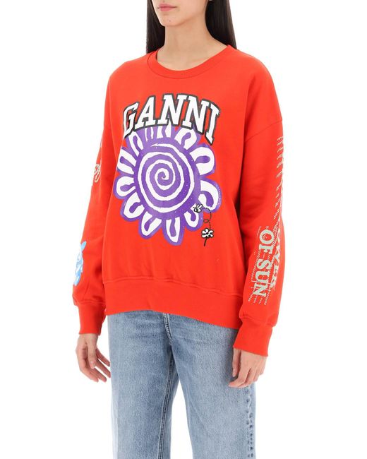 Ganni Red Sweatshirt With Graphic Prints