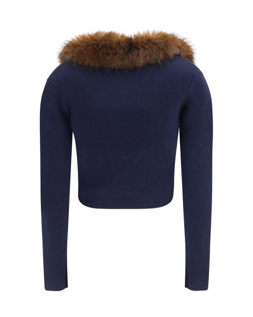 Self-Portrait Blue Knit And Faux Fur Cardigan