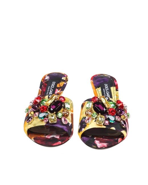 Dolce & Gabbana Brown Slippers In Brocade Fabric With Colored Stones