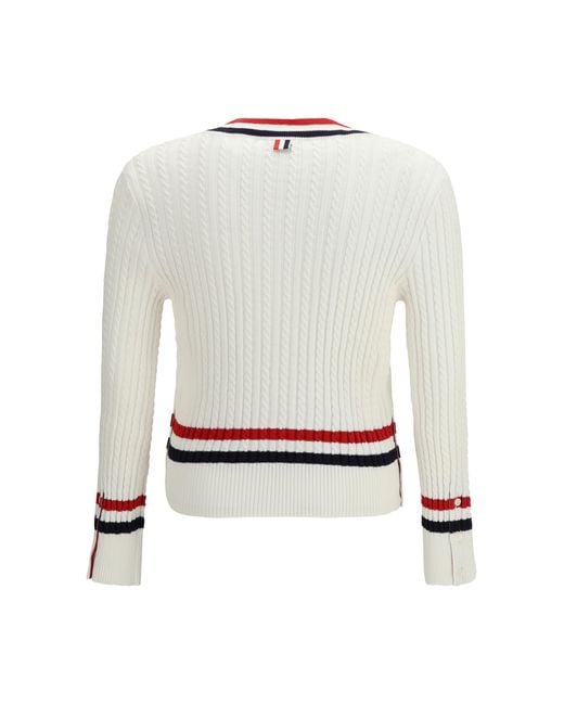Thom Browne White Intarsia Cable-Knit V-Neck Sweater Cotton for men