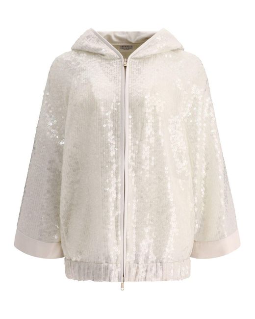 Brunello Cucinelli Natural Dazzling Embroidery Hooded Sweater