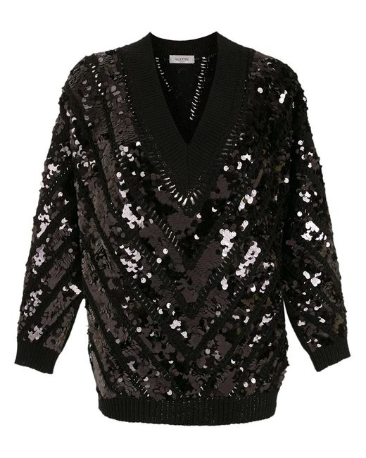 Valentino Black Sequin-Embellished V-Neck Jumper Clothing