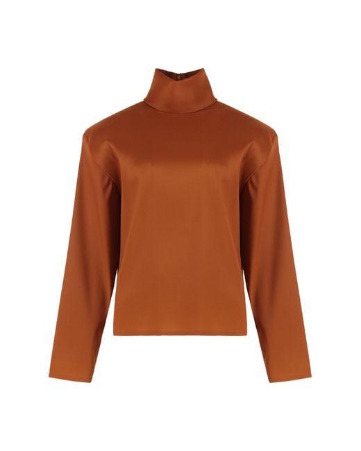 Saint Laurent Brown Long-Sleeve Silk-Blend Blouse Blouses