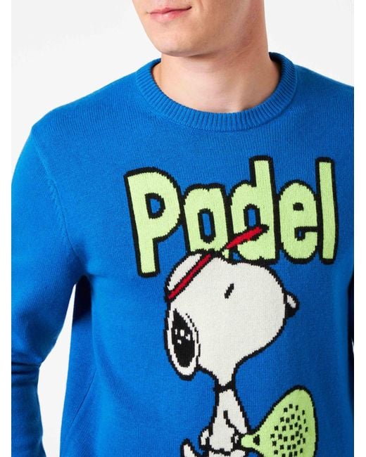 Mc2 Saint Barth Blue Crewneck Sweater With Snoopy Padel Jacquard Snoopy for men