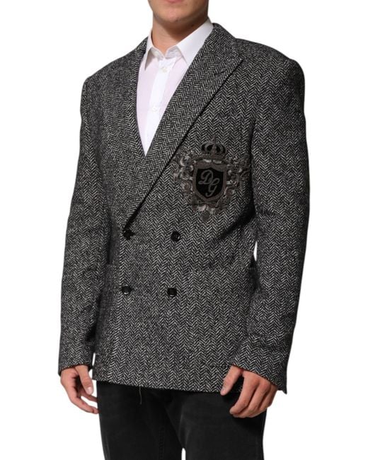 Dolce & Gabbana Black Herringbone Blazer Logo Detail for men
