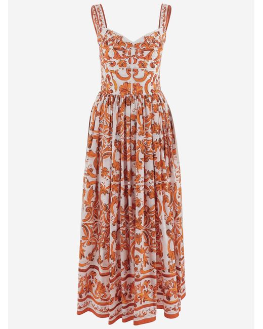 Dolce & Gabbana Red Dress Cotton Poplin Majolica Print