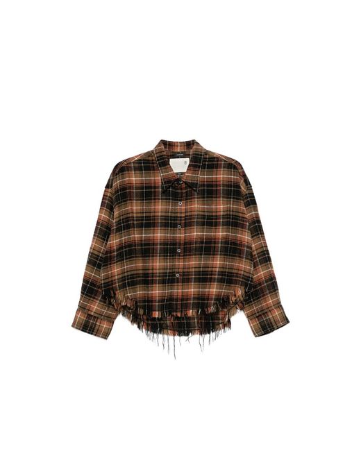 R13 Brown Drop Neck Cropped Shirt Light Plaid