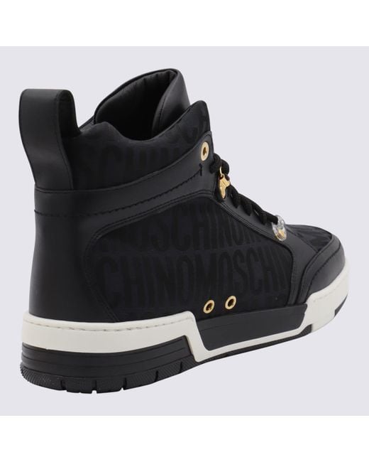 Moschino Black Leather And Canvas Monogram Jacquard High Top Sneakers for men