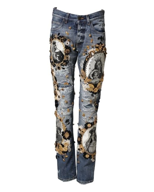 Dolce & Gabbana Ripped Embellished Cotton Denim Jeans Clothing in