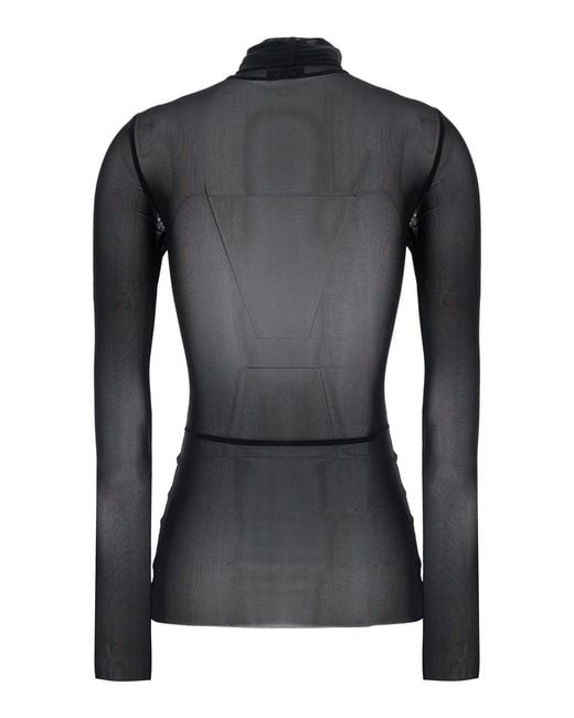 Le Plain Black Top Mesh High-Neck Tops
