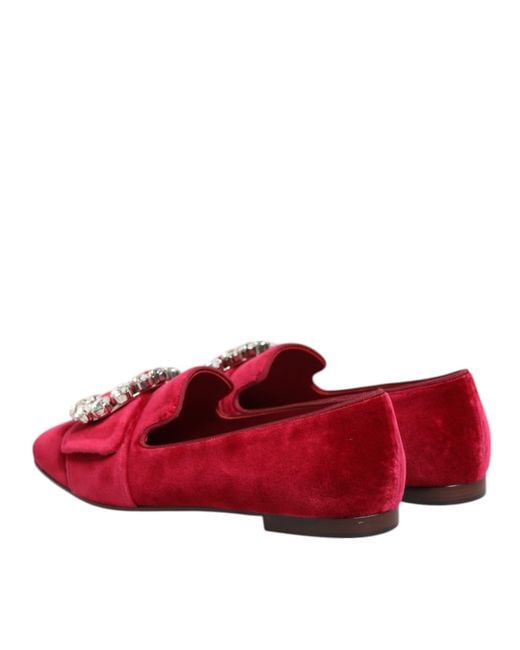Dolce & Gabbana Red Velvet Loafers Rhinestone Buckle