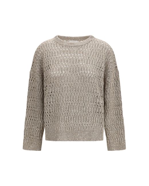 Brunello Cucinelli White Openwork Sweater Silk; Nylon