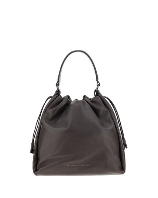 Brunello Cucinelli Black Leather Shoulder Bag With Drawstring Closure Calf Bos Taurus