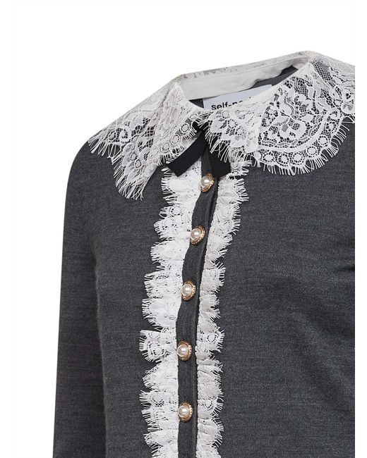 Self-Portrait Black Wool Knit Cardigan With Lace Collar