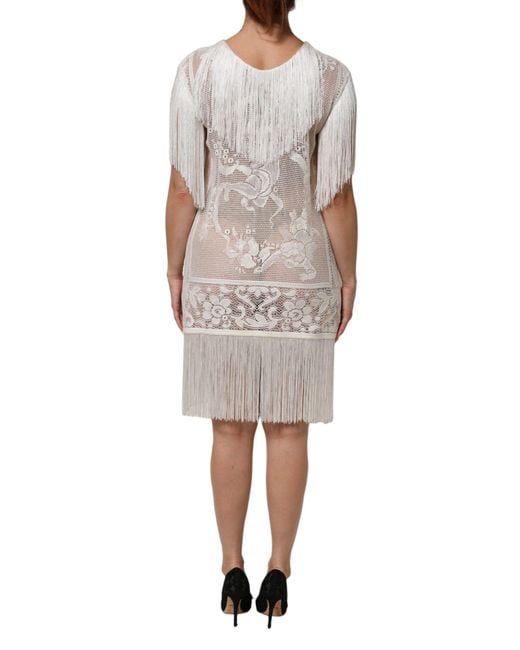 Dolce & Gabbana White Floral Lace Fringe Knee Length Dress