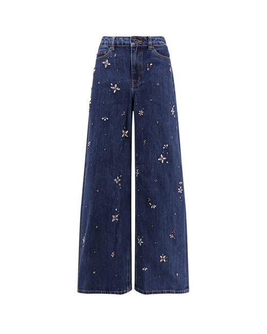 Self-Portrait Blue Wide Leg Jeans With Rhinsestones
