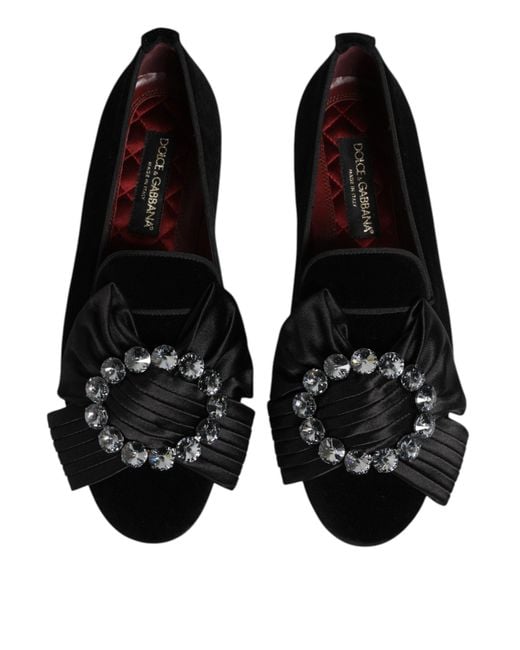 Dolce & Gabbana Black Vaticano Crystal Ribbon Slip On Shoes Cotton for men