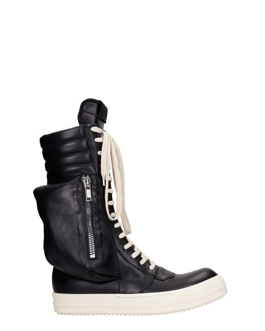 Rick Owens Black Cargo Basket Sneakers In Leather for men