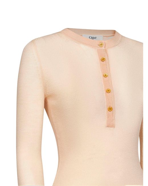 Chloé White Bleached Ribbed Superfine Wool Buttoned Sweater