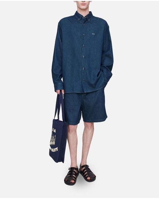 A.P.C. Blue Button-Down Denim Shirt With Logo Detail for men
