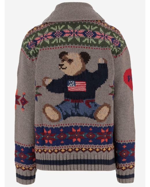 Polo Ralph Lauren Gray Wool Sweater With Polo Bear Print And Geometric Pattern