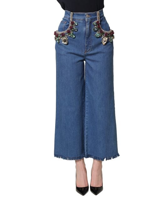 Dolce & Gabbana Blue Embellished Wide Cropped Denim Jeans Cotton Elastane Clothing