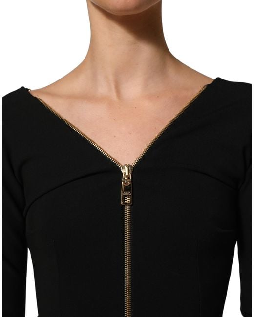 Dolce & Gabbana Black Long Sleeves Front Zipper Midi Dress