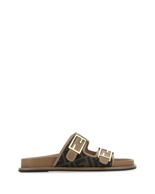 Fendi Brown Ff Jacquard Dual Buckle Slide Sandals