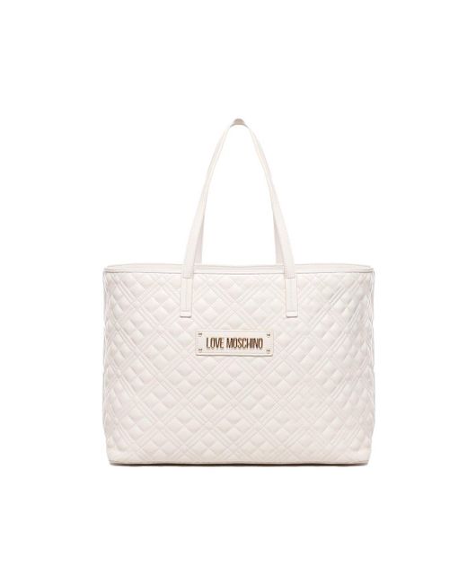 Love Moschino White Logo Lettering Quilted Top Handle Bag