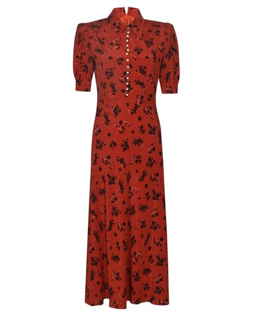 Alessandra Rich Red Rose Print Silk Dress