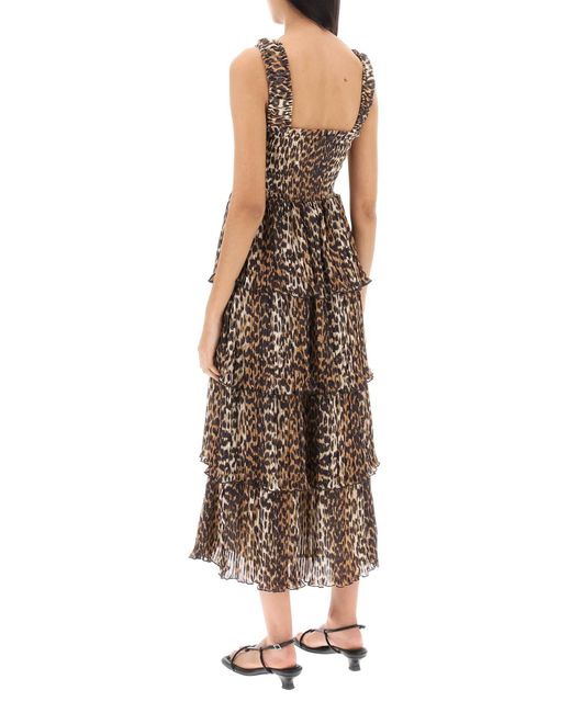 Ganni Natural Pleated Long Dress With Leopard Motif