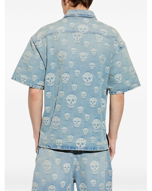 McQueen Blue Short-Sleeved Light Jacquard Cotton Denim Skull Shirt With All-Over Skull Motif for men