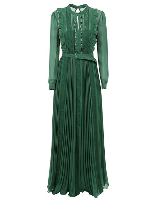 Self-Portrait Green Pleated Diamante Detail Maxi Dress | Lyst