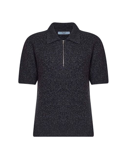 Prada Black Knit Polo Shirt Textured Melange Viscose Knitwear