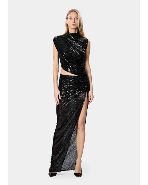 Amazuìn Black Sequined Stretch Tulle Detachable Maxi Dress With Cut-Out Detail And Side Slit