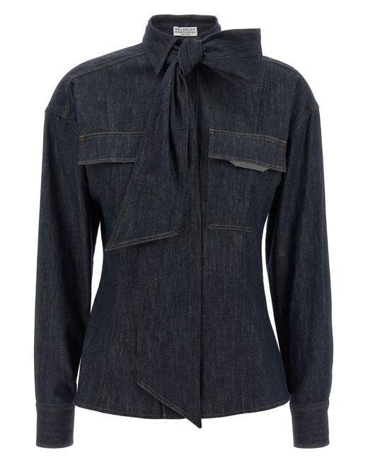 Tシャツ・カットソー BRUNELLO CUCINELLI 'Shiny Flap Detail' shirt Brunello Cucinelli 'Shiny Flap Detail' Shirt in Blue | Lyst