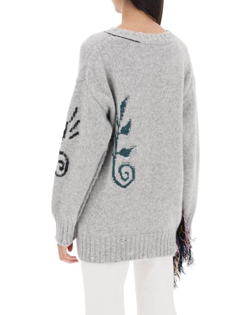 Stella McCartney Gray Folk Artwork Alpaca Sweater