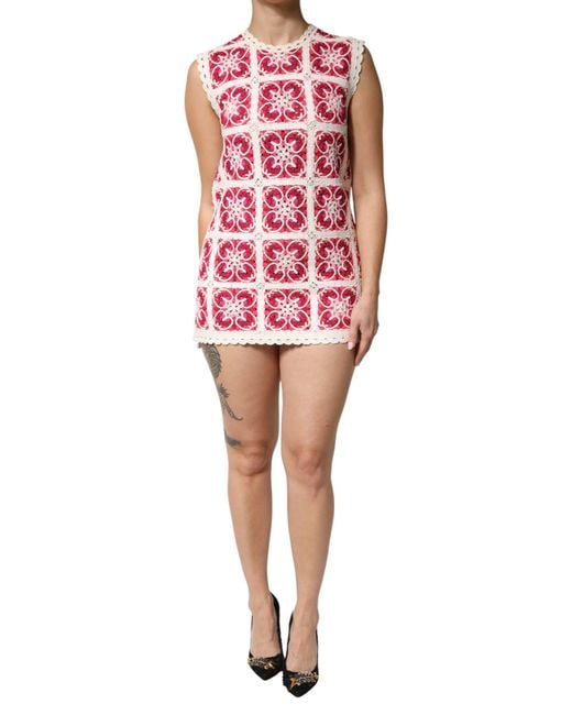 Dolce & Gabbana Red Brick Stitched Crochet Mini Dress