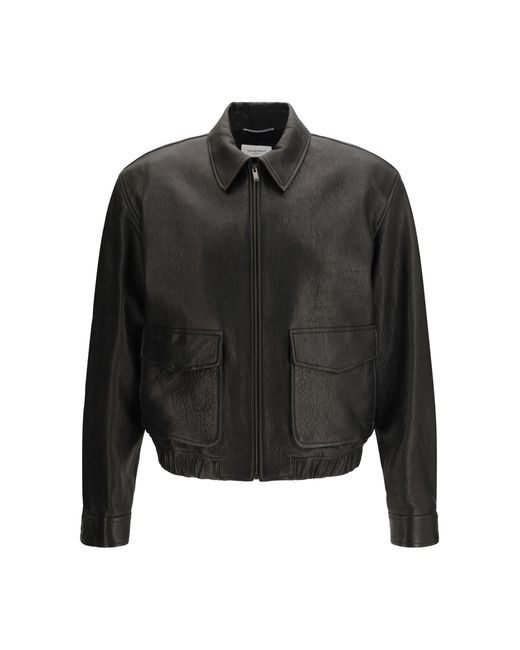 Saint Laurent Black Short Lamb Leather Jacket With Pointed Collar Ovis Aries for men