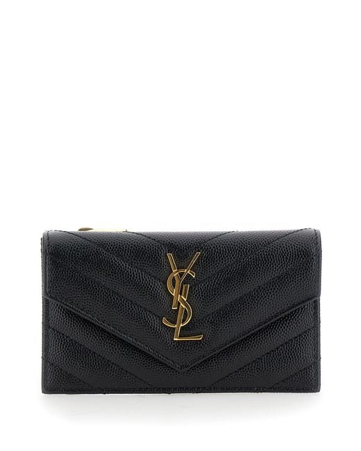 Saint Laurent Black Card Holder Cassandre Crocodile-Embossed Calf Leather Accessory