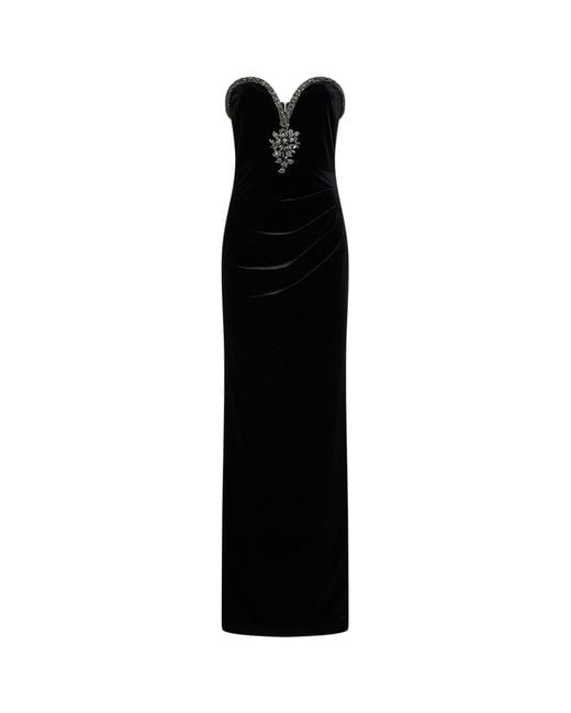 Self-Portrait Black Crystal-Embellished Velvet Long Bustier Dress