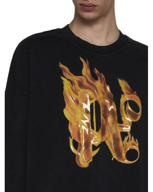 Palm Angels Black Burning Monogram Cotton Sweatshirt for men