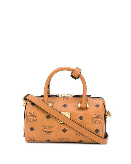 MCM Brown Visetos Monogram Mini Boston Bag Tote